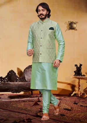 Classic Look: Sea Green Nehru Jacket with Matching Kurta Pajama-S