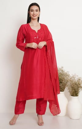 Red Tonal Embroidery Kurta Set-XS