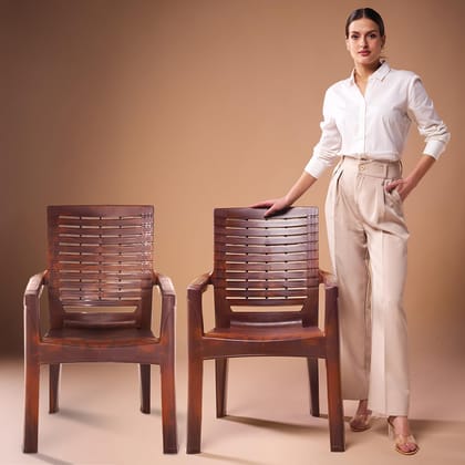 MAHARAJA Premium Plastic Chair  Ergonomic Armrest Design, Ultra-Durable & Comfortable for Daily Use, Stylish & Sturdy Seating Solution (Teakwood, Pack of 2)