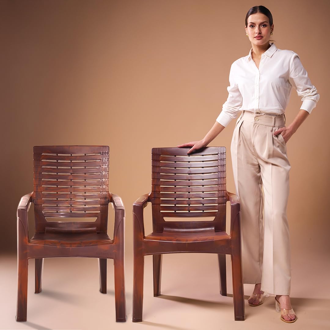 MAHARAJA Premium Plastic Chair  Ergonomic Armrest Design, Ultra-Durable & Comfortable for Daily Use, Stylish & Sturdy Seating Solution (Teakwood, Pack of 2)