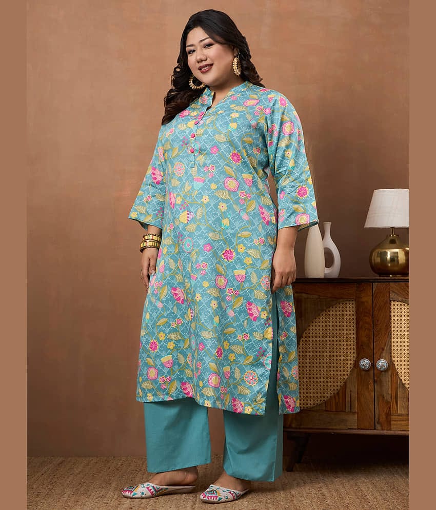 Tissu Women Cotton Printed Straight Kurti With Palazzo ( Sea Green )