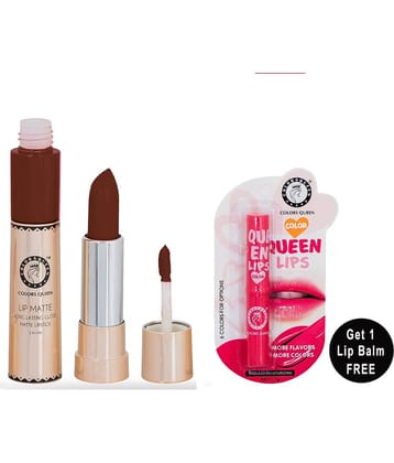 Colors Queen 2in1 Matte Finish Water Proof Lipstick Kiss Coffee With Hydrating Lip Balm (Combo of 2)