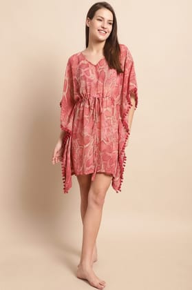 Red Color Abstract Georgette Beachwear Cover Up Kaftan  For Women-ONESIZE