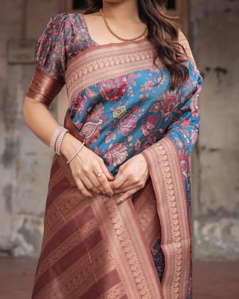 Teal Banarasi Silk Saree with Rust Zari Border and Floral Motifs-Regular