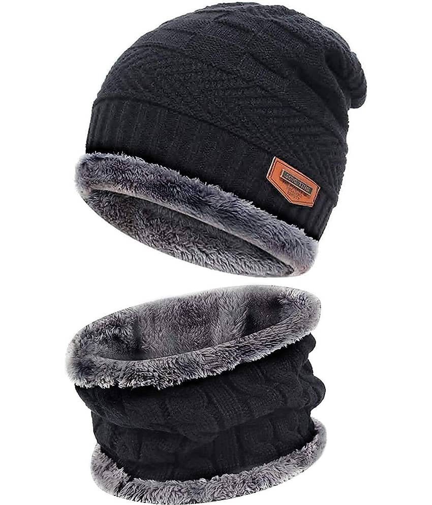 AKSMIT Black Woollen Women's Cap ( Pack of 2 )