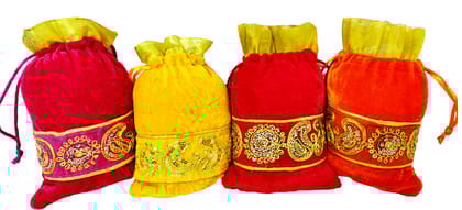 Omkar by R3 Inc. Lace Gift Pouch / Shagun Potli Multicolor Standard (Pack of 4) 18x13 Cm