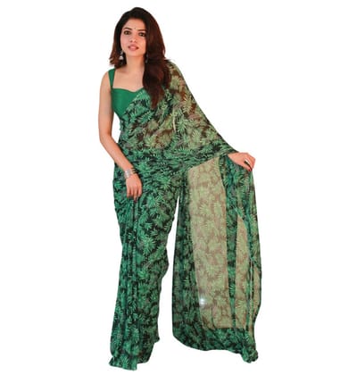 Generic Women's Georgette Printed Saree with Unstitched Blouse Piece, Soft Lightweight 5.5 m Sari for Daily, Office and Wear (Black-Green, Design 67567)