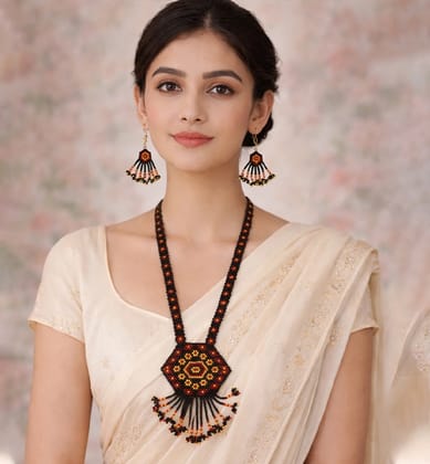 Handcrafted Geometric Beaded Mangalsutra Set with Earrings