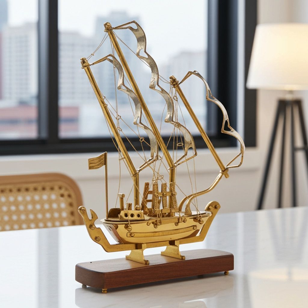 Premium Brass Nautical Ship Showpiece – Table Decor Model, Height : 15 Inch (MRMAS128 B)