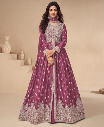 traditional front slit pink chinon anarkali set for women