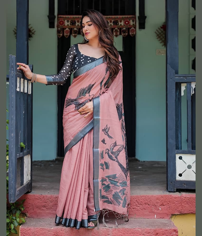 Almaari Fashion Linen Printed Saree With Unstitched Blouse Piece ( Multicolor )