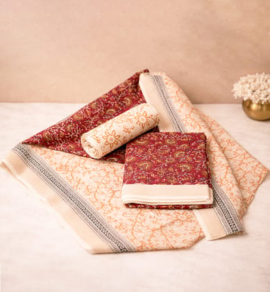 Block Print Kalamkari Maheshwari Unstitched Suit Set โ Floral Motif (3 Piece) Block Print Kalamkari Maheshwari Unstitched Suit Set โ Floral Motif (3 Piece)