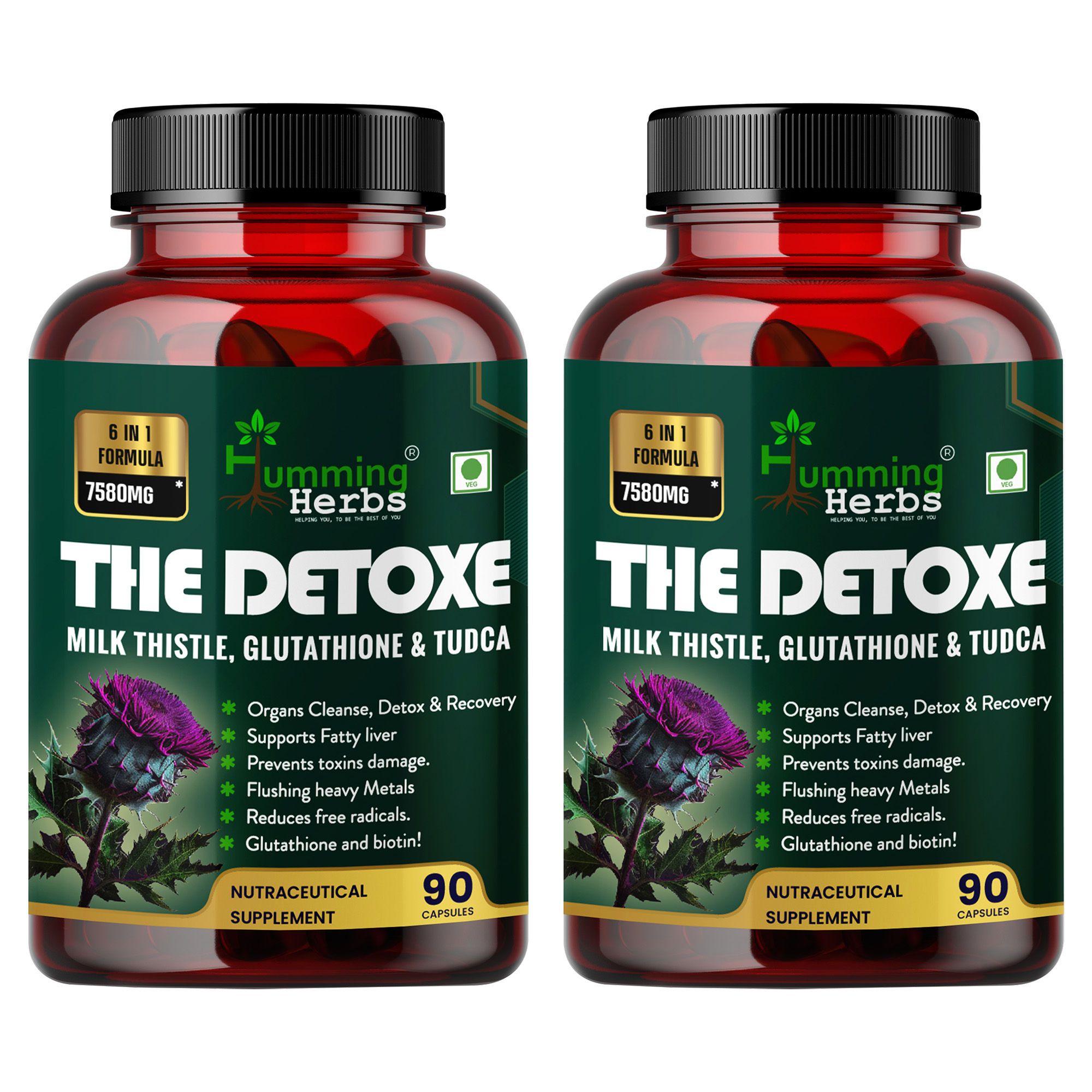 Humming Herbs Liver Detox Supplement 1000mg | Milk Thistle and glutathione Extract | Support Liver Cleanse & Digestion, 90 Capsules - Pack of 2