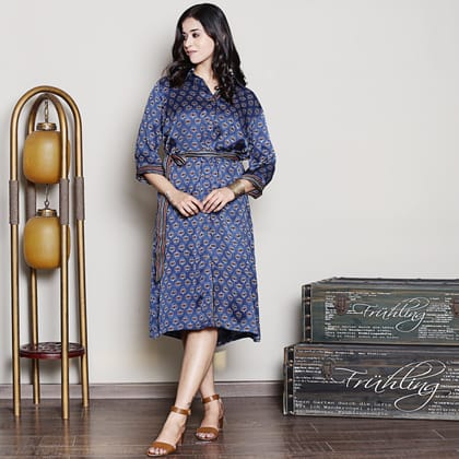 Indigo modal silk shirt dress with a belt-XS
