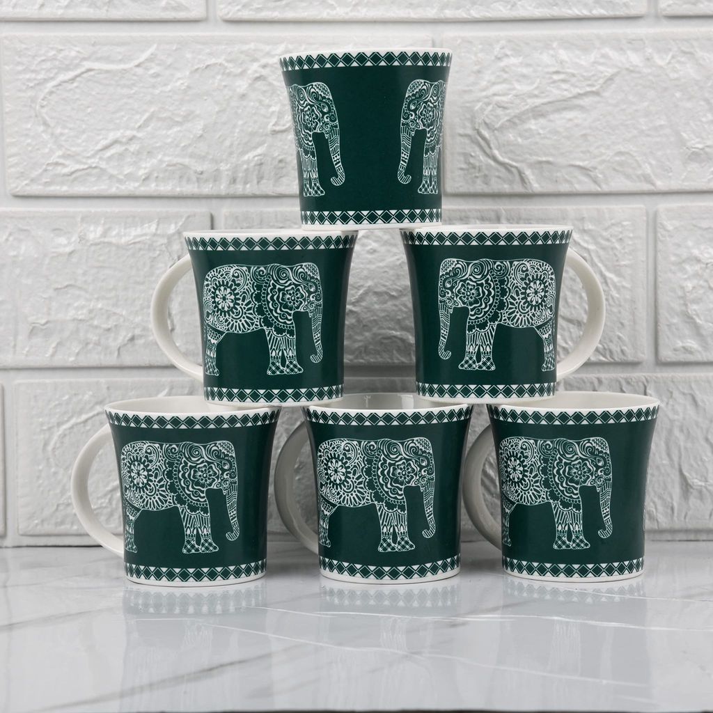 Femora Turquoise Majestic Elephant Design Tea Cups, Ceramic Tea Cups, Coffee Mugs (160 ml) - 6 Pcs Set (Green)