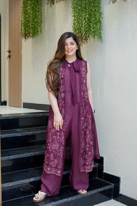 Rehm Wine Thread Embroidered Co ord Sets-XL