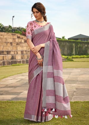 Antique Purple Woven Linen Saree With Khadi Print Blouse