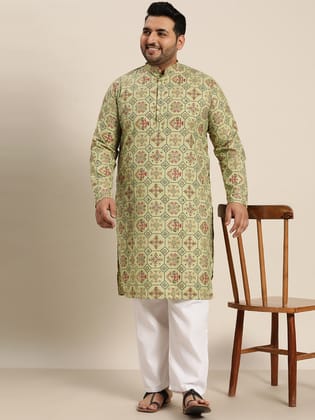 Men's Cotton Linen Pista Green and Multi Printed Kurta and White Pyjama-44