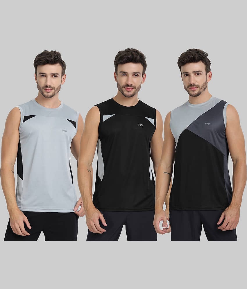 FTX Polyester Regular Fit Colorblock Sleeveless Men's Round T-Shirt - Grey ( Pack of 3 )