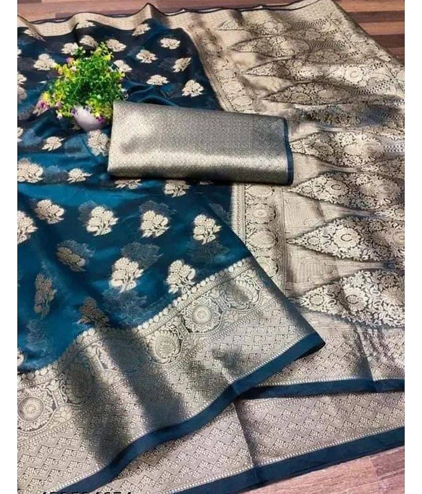 Gullak Organza Embellished Saree With Unstitched Blouse Piece ( Teal )