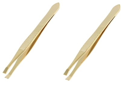 Elecsera Flat Tip Tweezer Plucker for Women Eyebrows and Upper Lips Pack of 2 Gold ()