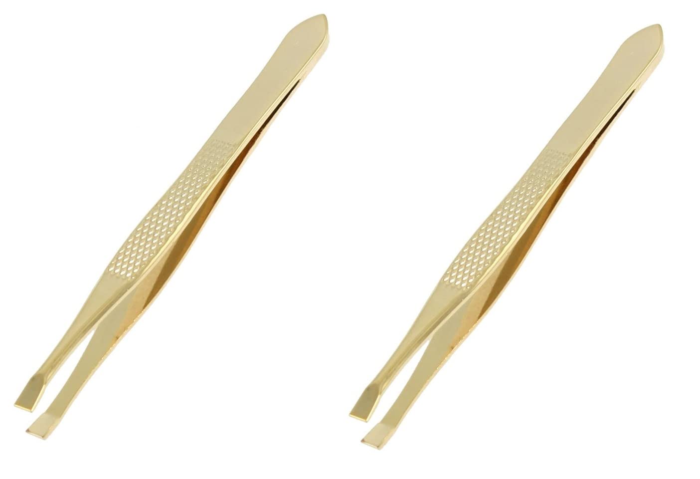 Elecsera Flat Tip Tweezer Plucker for Women Eyebrows and Upper Lips Pack of 2 Gold ()