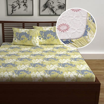 Green Autumn Tree Leaf Elastic Fitted Bedsheet For Double Bed-Double / Cream and Grey / PR5005-FDB