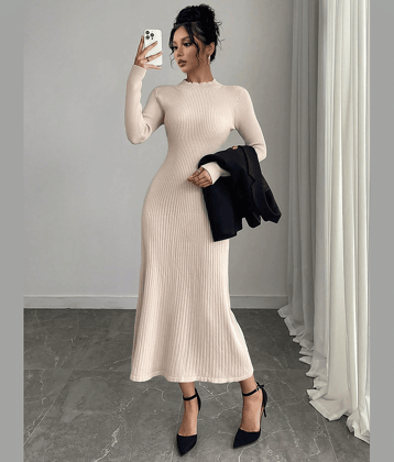 wanquila Women Lycra Solid Bodycon Dress ( Beige )