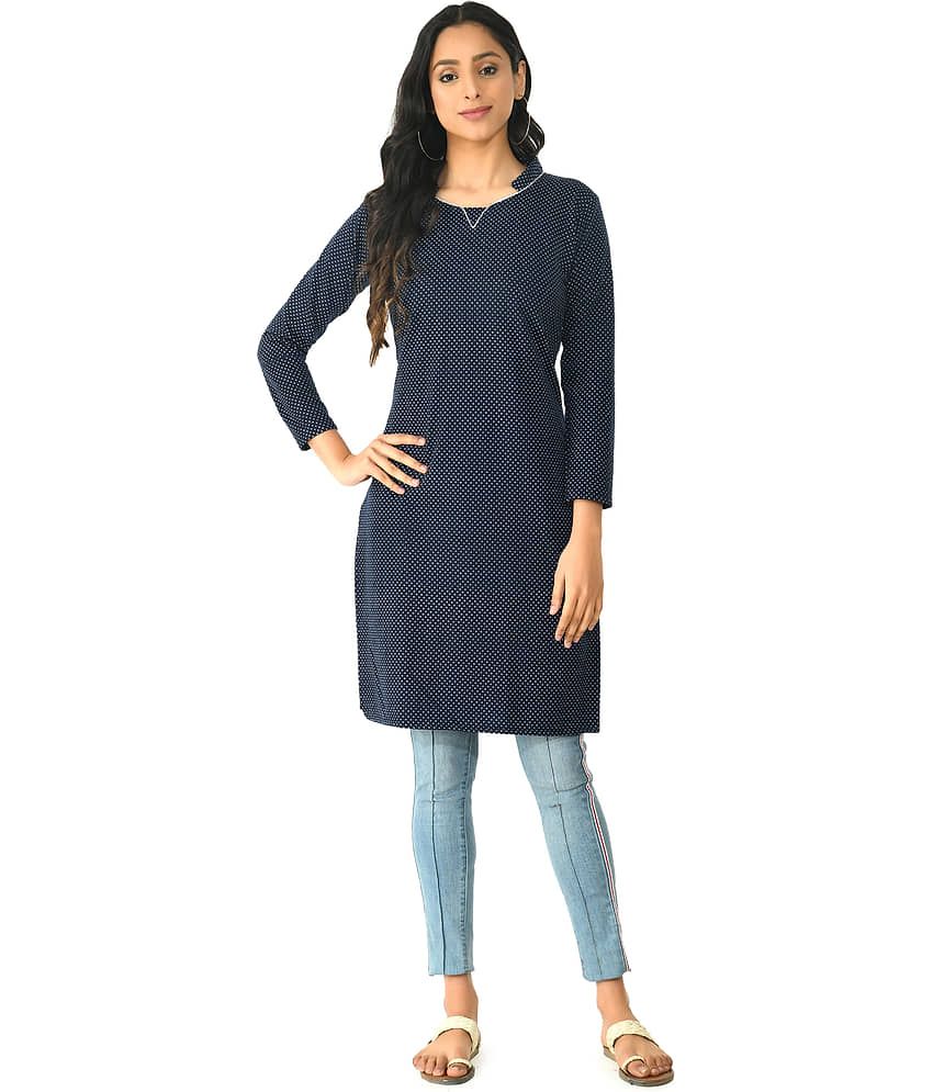IndiWeaves Woollen Printed Straight Women's Kurti - Navy ( Pack of 1 )