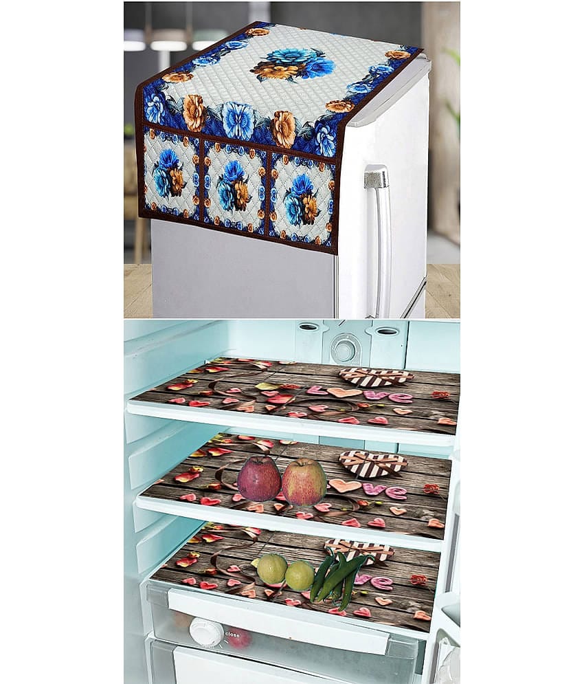 Grisha Cotton Floral Printed Fridge Mat & Cover ( 99 53 ) Pack of 4 - Brown
