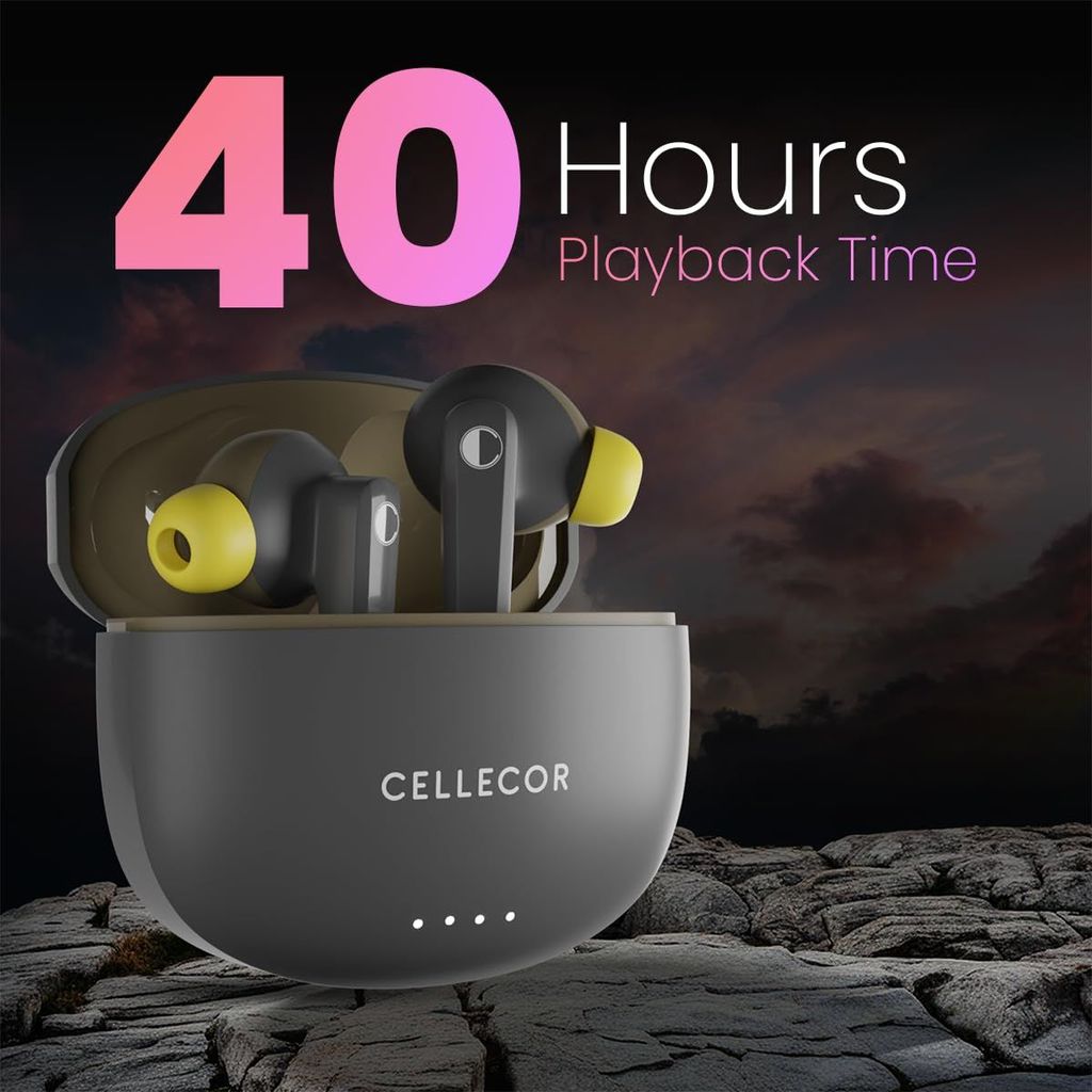 CELLECOR BroPods CB03-ACE TWS with 40 Hours Playtime, Automatic Pairing, HD Sound and 5.1V Bluetooth (Grey-Yellow)