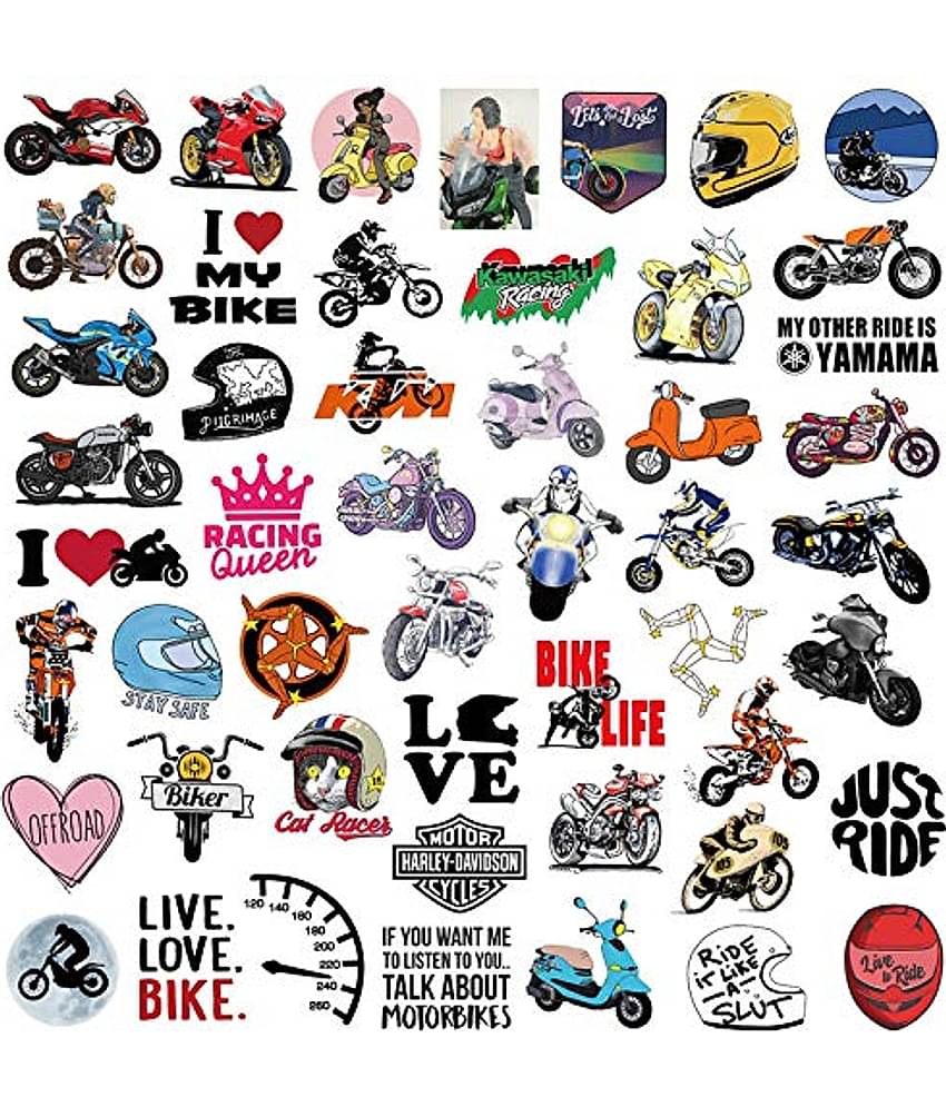 iDream Motor Cycle Bike Theme Waterproof Vinyl Sticker for Laptop, Desk, Skateboard, Luggage, Guitar, Furniture, Toy, Scrapbook (Set of 50)