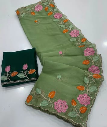 Star Georgette saree with embroidery work all over saree and beautiful  flower  design with cut work border.