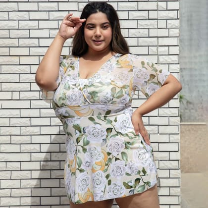 Plus Size Floral Print Sexy Swim Dress with Shorts Attached