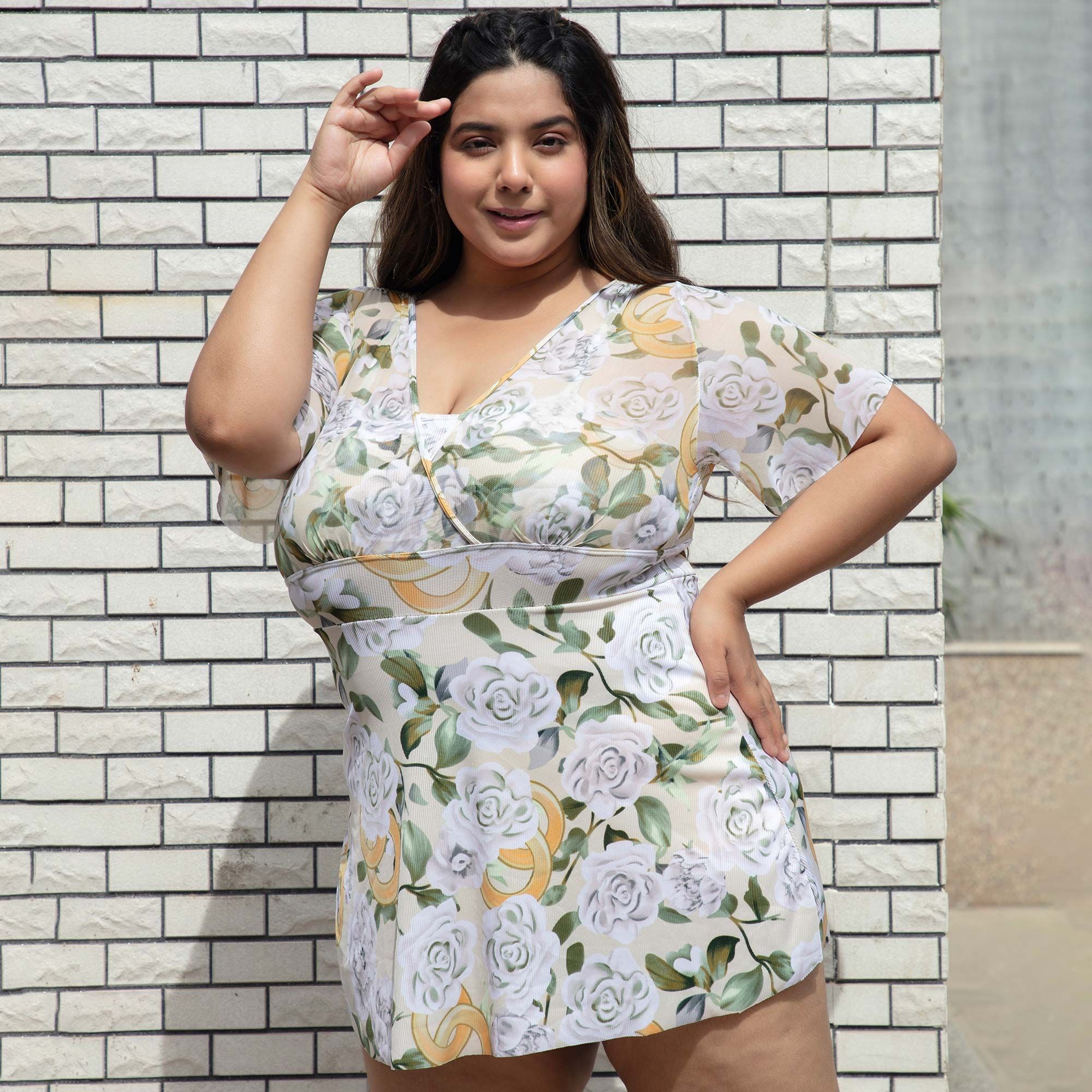 Plus Size Floral Print Sexy Swim Dress with Shorts Attached