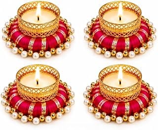 Handmade Tealight Candle Holders for Diwali Decoration,Home Decor Gifts Items/Diya for Home Office Pooja,Durga Puja Gift Sets (Pink Ring, Pack of 4)