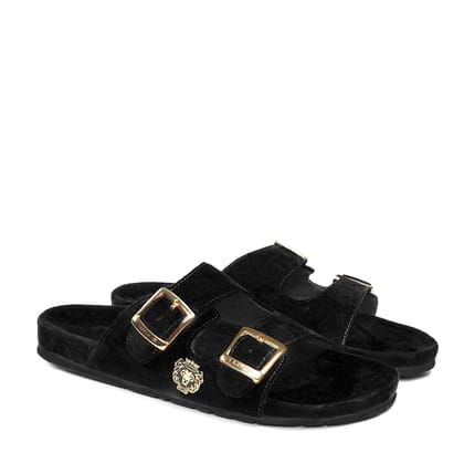 Adjustable Buckle Black Velvet Slippers-40/6