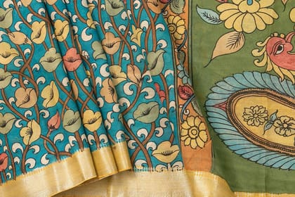 Blue And Green Handpainted Kalamkari Mangalgiri Silk Saree Organic Dyes For Office Wear PKMS 53