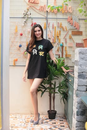 Women Black Printed Longline T-shirt Dress-S