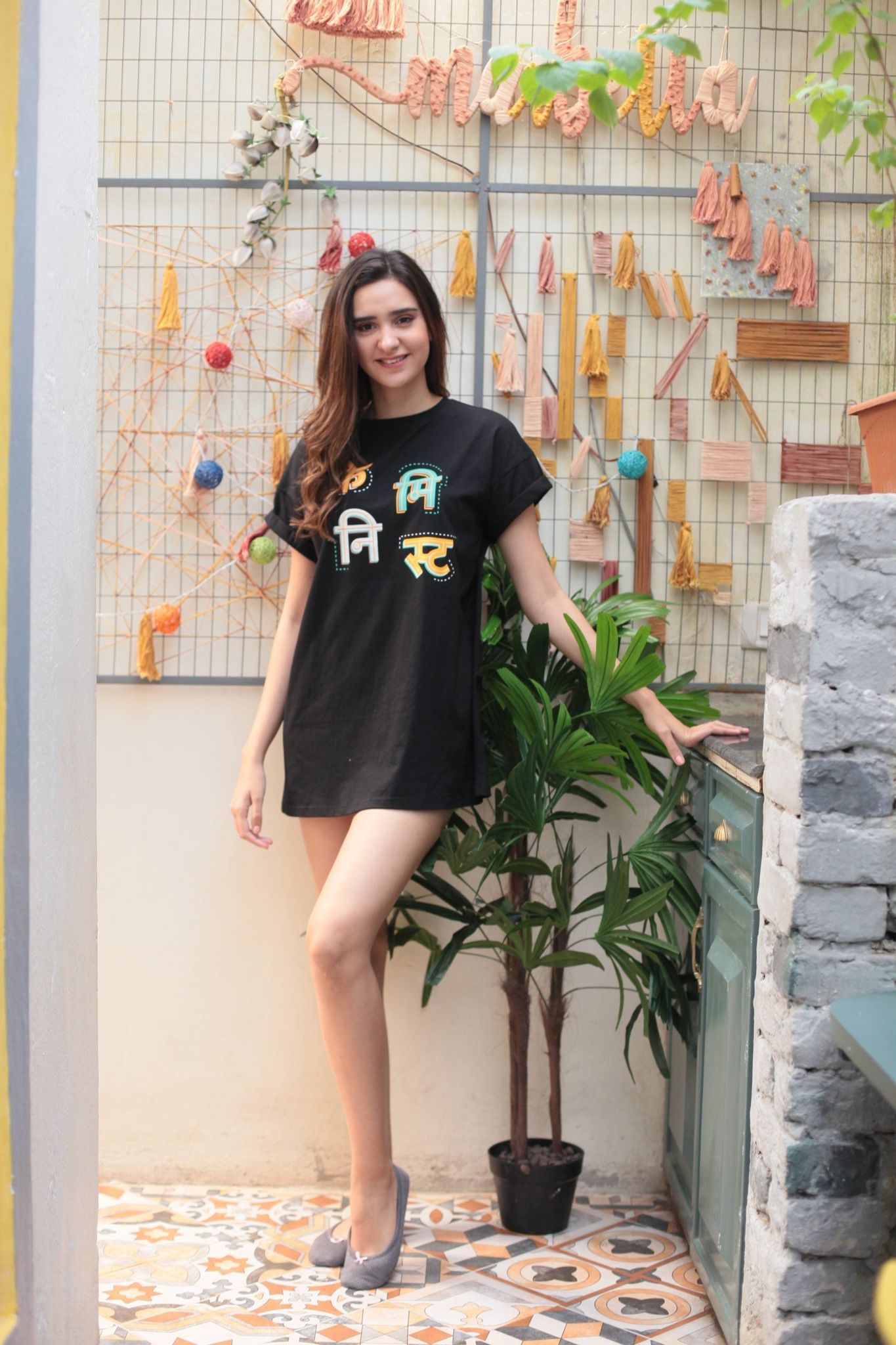 Women Black Printed Longline T-shirt Dress-S