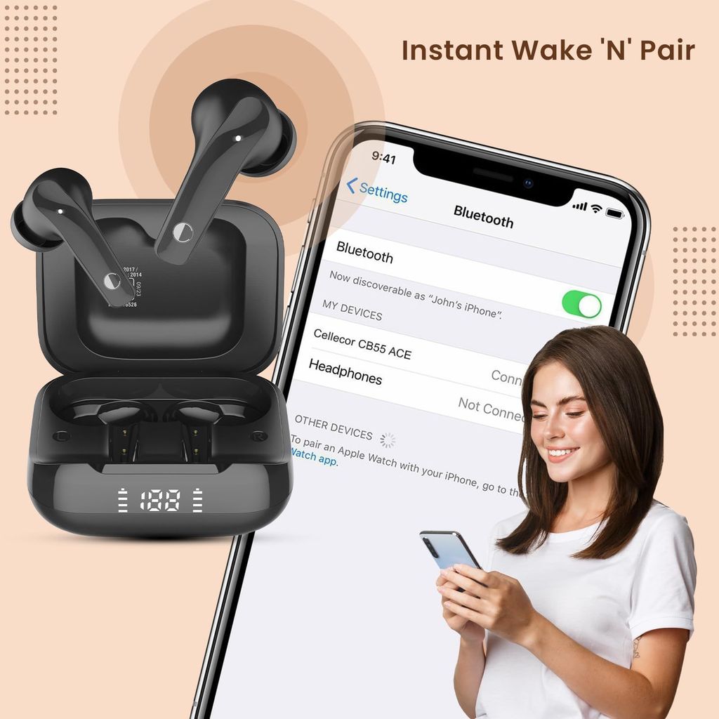 CELLECOR BroPods CB55 ACE TWS with 70 Hours Playtime | Instant Wake 'N' Pair | HD Sound | 5.3V Bluetooth | Digital Display (Black)