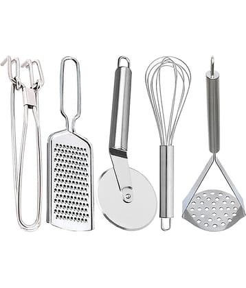 JISUN - Silver Stainless Steel Pakkad+Wire Grater+Whisk+Pizza Cutter+Masher ( Pack 5 )