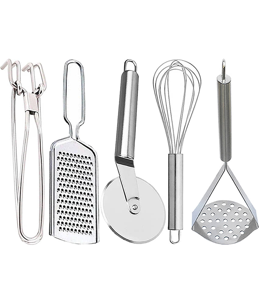 JISUN - Silver Stainless Steel Pakkad+Wire Grater+Whisk+Pizza Cutter+Masher ( Pack 5 )