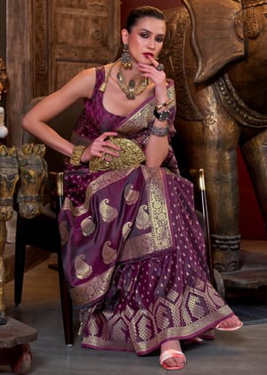 Wine Purple Banarasi Woven Satin Silk Saree With Brocade Blouse