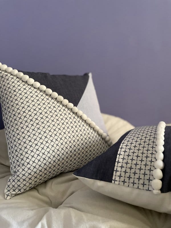 KRI India Snow Denim Diagonal Panelled Cushion Cover 16x16" | Denim Blue & White | Wash & Care | 100% Cotton | Handcrafted in India. 100% organic & natural.