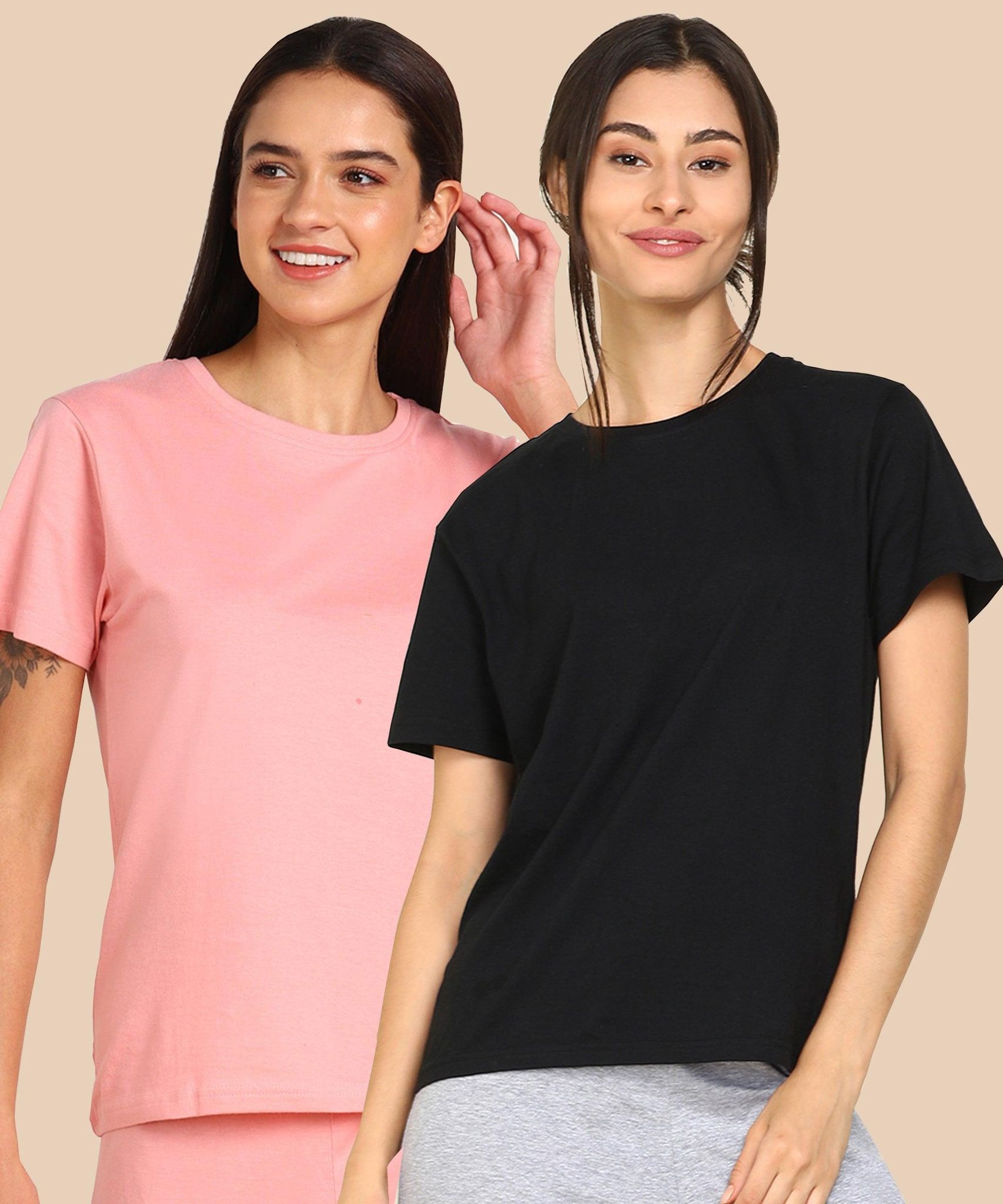 Womens Regular  Fit Combo Solid Tshirt-S / Pink Black