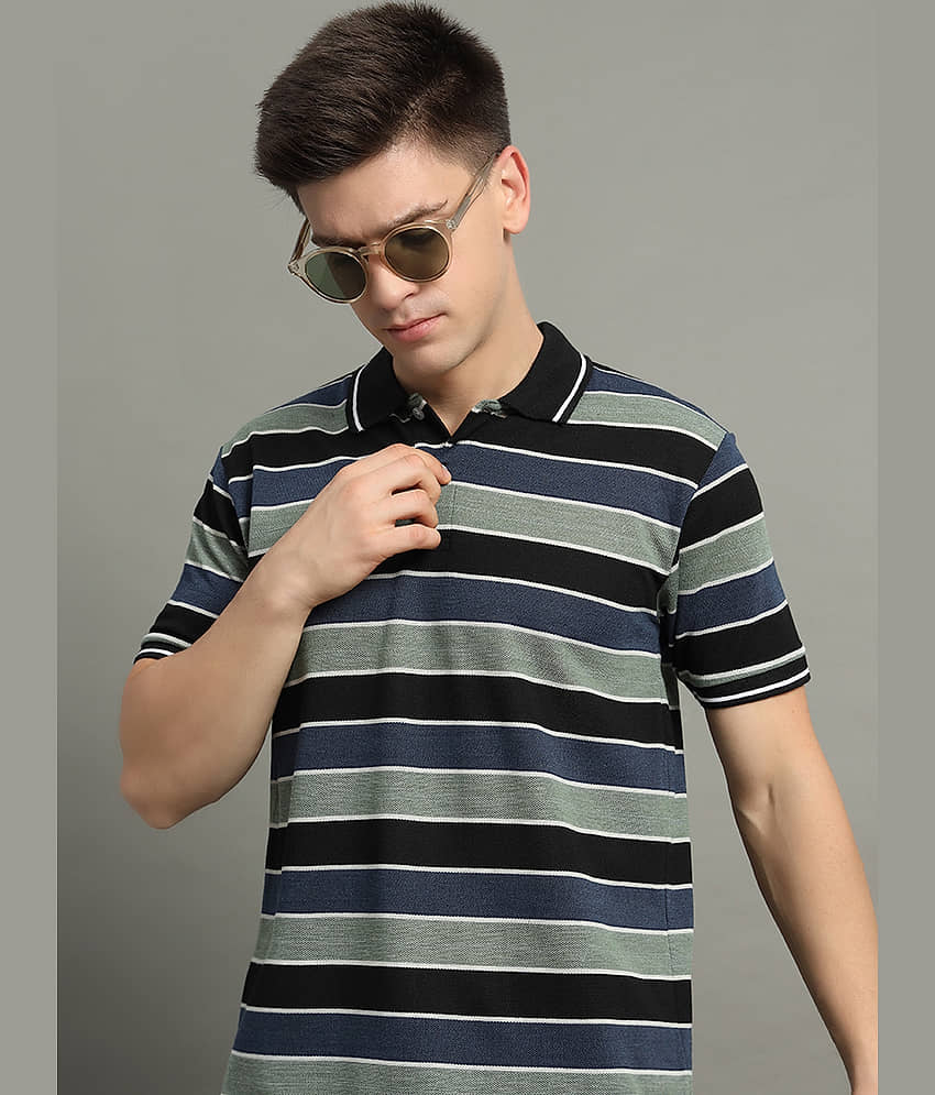 GET GOLF Pack of 1 Cotton Blend Regular Fit Striped Half Sleeves Men's Polo T Shirt ( Black )