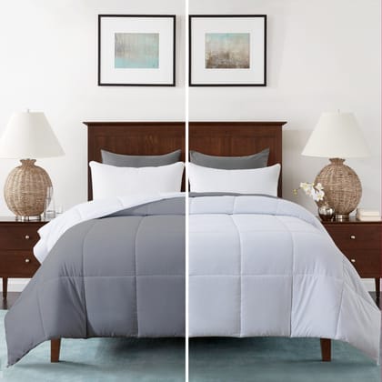Razzai - 150 GSM Soft AC Comforter Hotel Quality-Down Alternative Reversible Comforter - All Season |AC Comforter/Blanket/Quilt/Rajai Double Bed|Silver/Teal-Queen / White