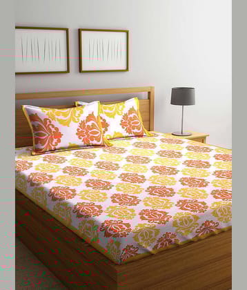 Uniqchoice Cotton Floral Double Bedsheet with 2 Pillow Covers - Yellow