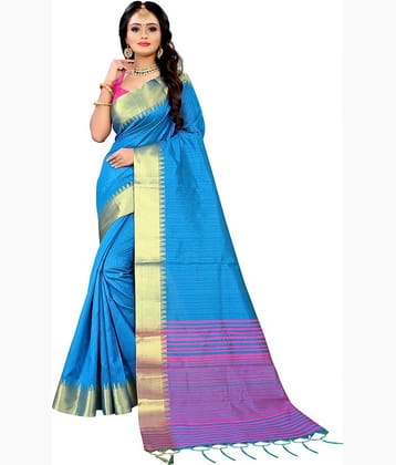 Kanooda Prints Cotton Silk Woven Design Regular Saree With Unstitched Blouse Piece ( Blue )